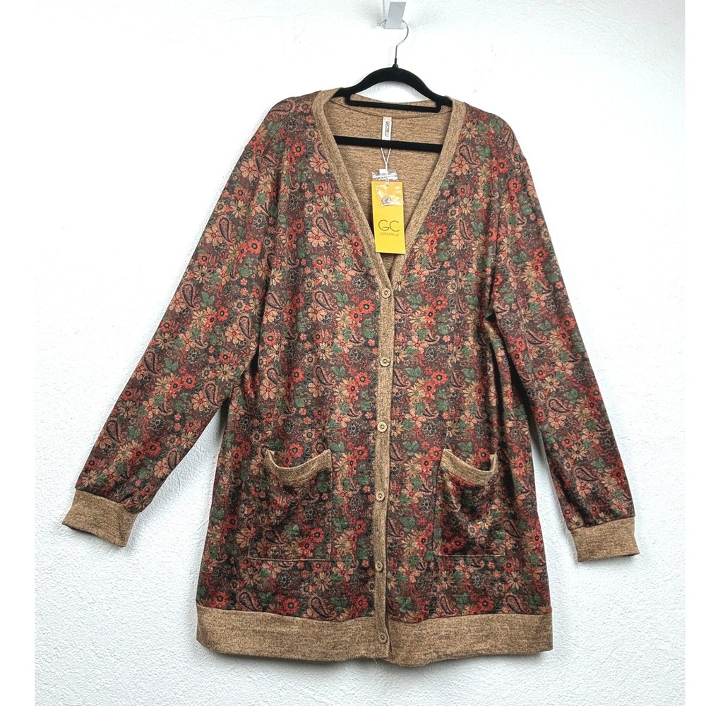 Grecerelle Brown Floral Paisley Cardigan - 2XL- Boho Grandmacore Cottagecore